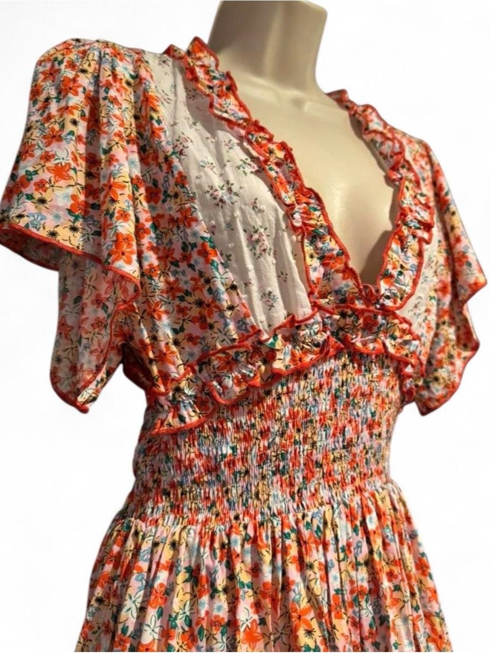 POL Floral Open Back Boho Mini Dress Ruffle Tiered Cottagecore Small Open Back - Picture 4 of 10